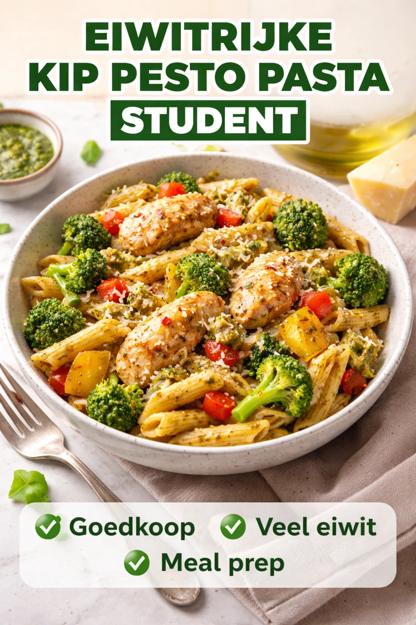 Eiwitrijke kip pesto pasta student: snel, goedkoop en perfect voor meal prep