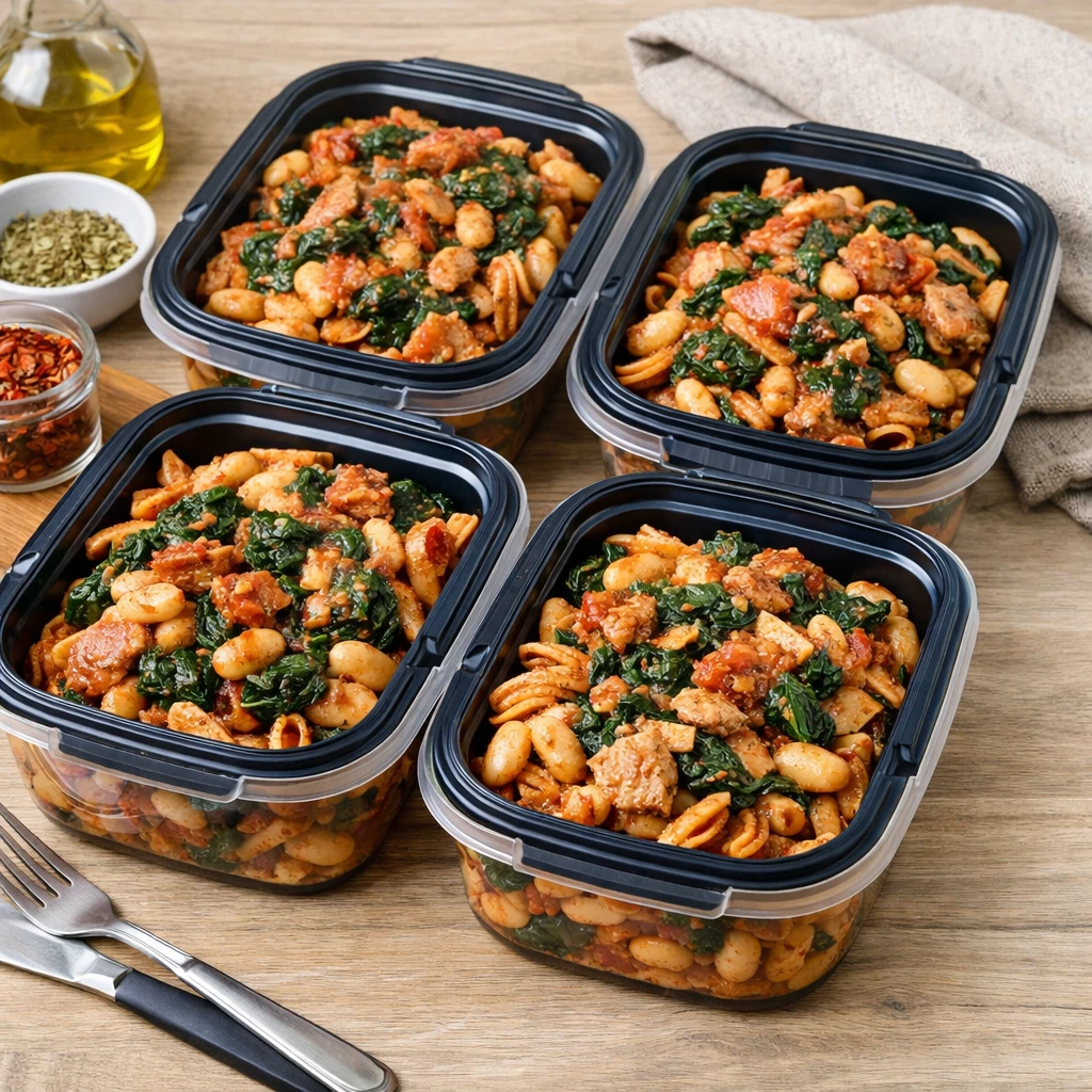 eiwitrijke maaltijd voor studenten in meal prep bakjes met volkoren pasta tonijn en spinazie