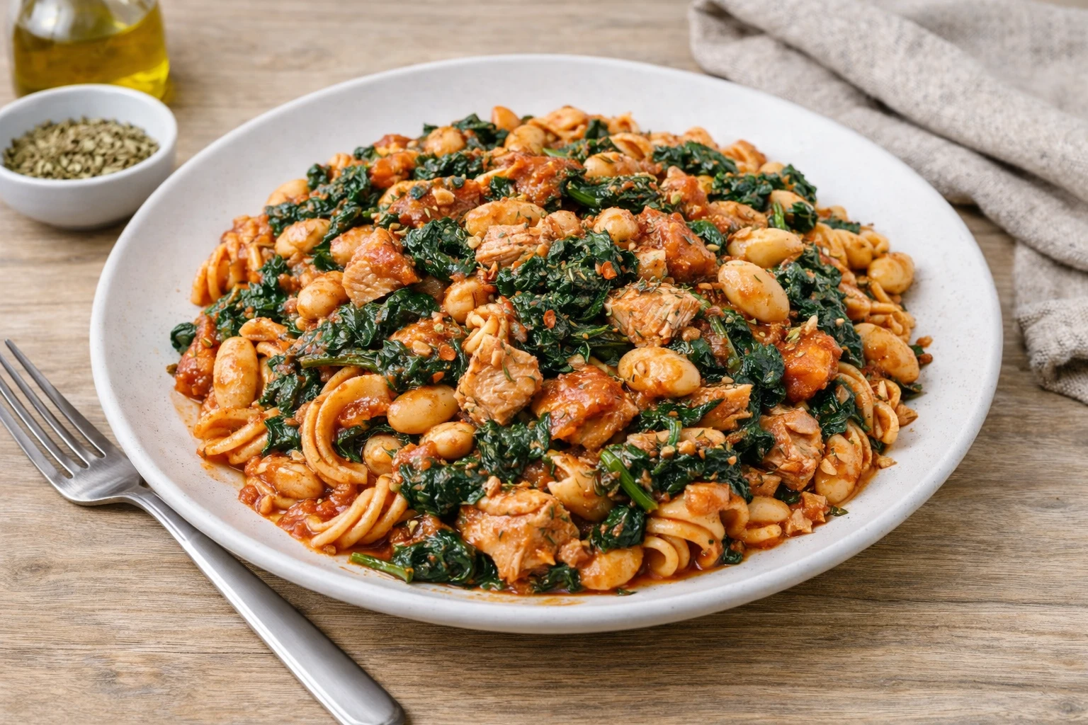 Eiwitrijke maaltijd voor studenten: Volkoren pasta met tonijn, spinazie en witte bonen