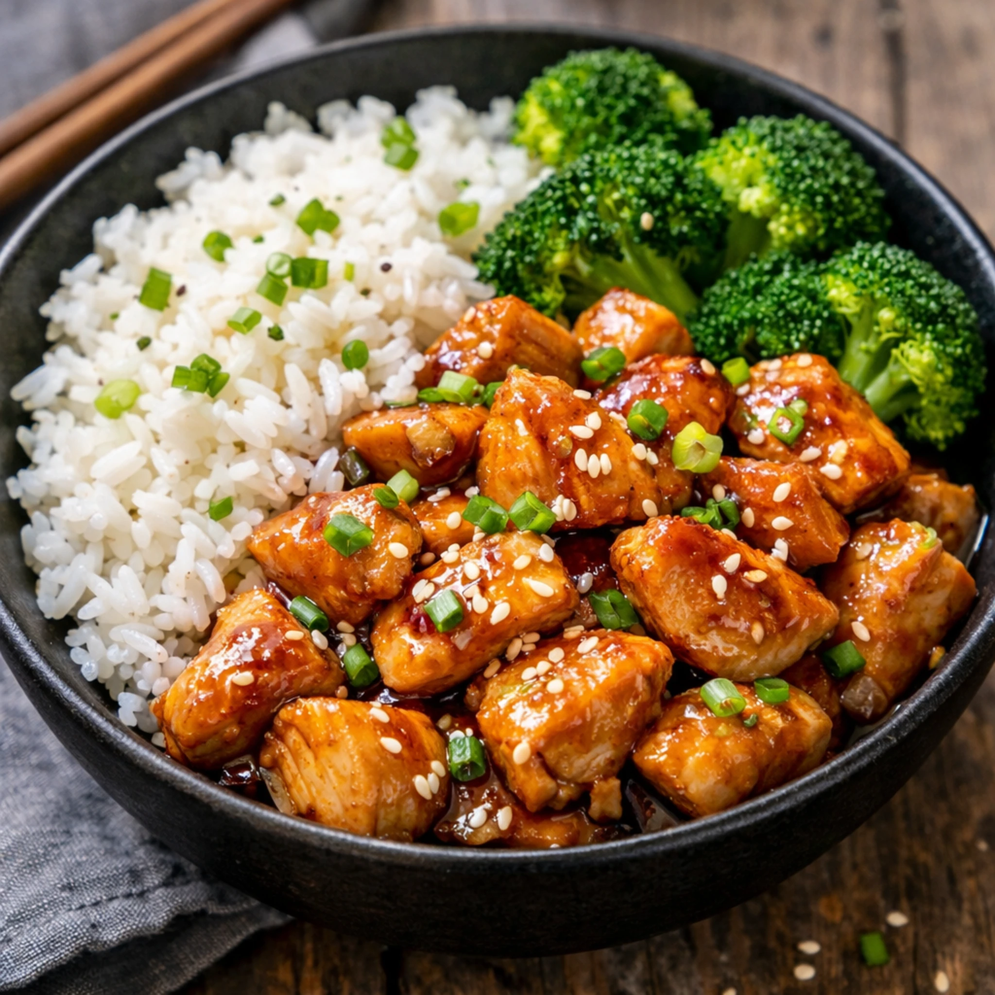 Eiwitrijke rijst met kip en honing knoflook saus