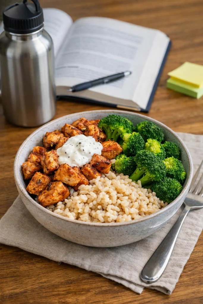 eiwitrijke maaltijd met kip rijst bowl en broccoli voor studenten
