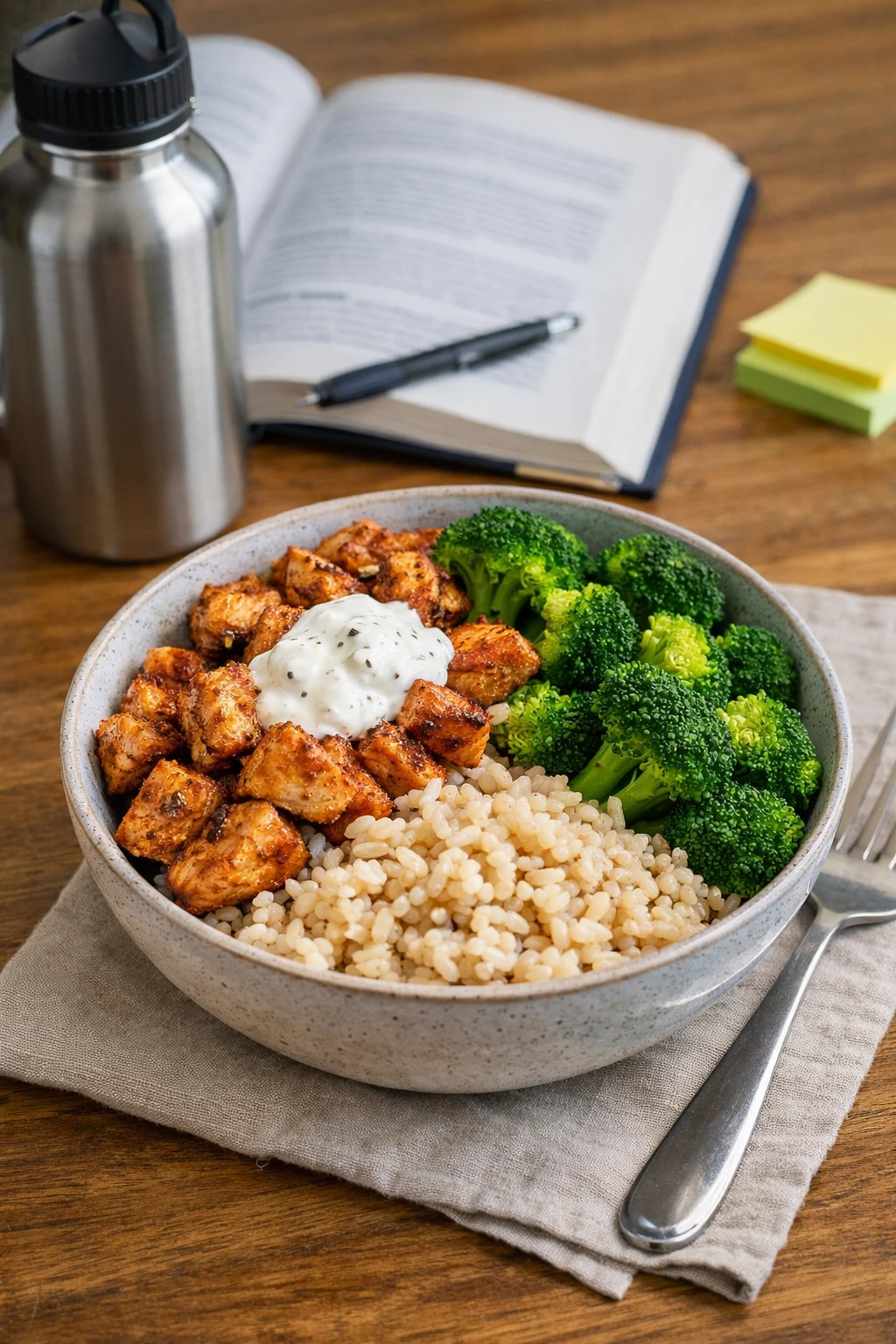eiwitrijke maaltijd met kip rijst bowl en broccoli voor studenten