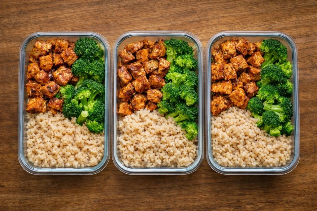eiwitrijke maaltijd meal prep met kip rijst en broccoli in bakjes